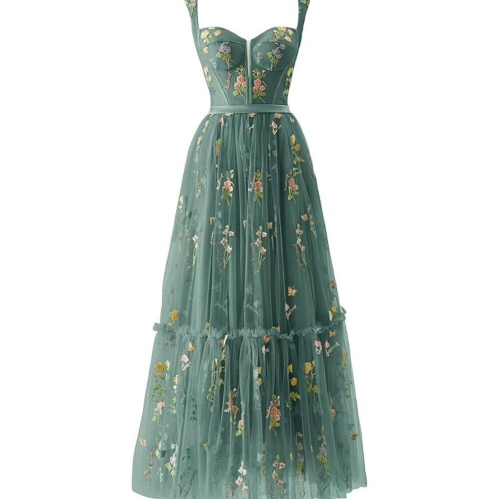 NWT Flower Embroidery Tulle Prom Dresses Tea Length - Picture 1 of 7